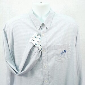 Guy Harvey Men's Blue White Check Flip Cuff -2XL- Collared Dress Shirt Marlin
